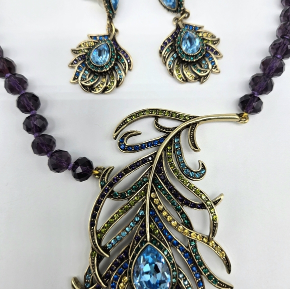 Heidi Daus Amethyst Swarovski Crystal Large Peacock Feather Necklace - Picture 10 of 14